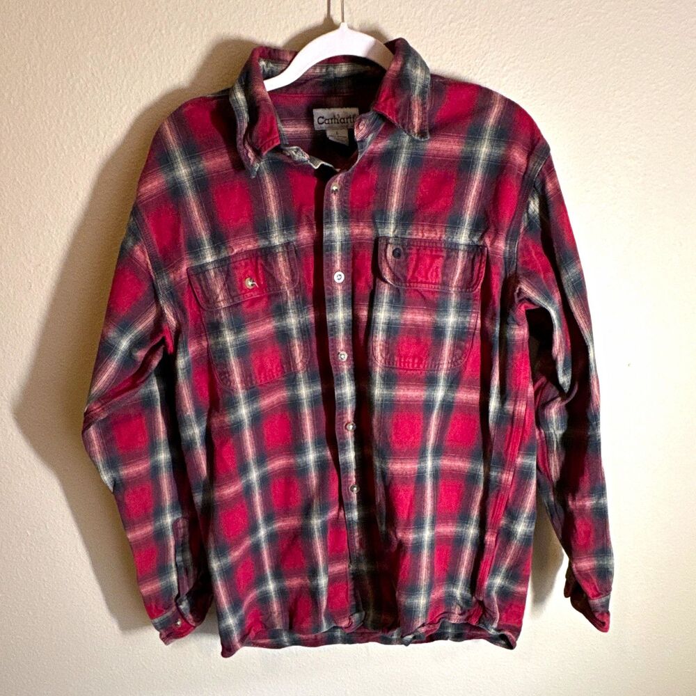 Carhartt Men’s Flannel Plaid Button-Up Shirt Long Sleeve Pockets Size L